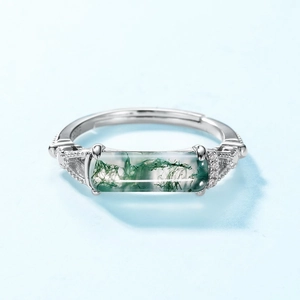 Anillo de plata S925 con ágata musgosa verde rectangular y banda ajustable para mujer