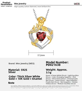 Detail view of S925 silver heart necklace with 6x6mm red stone and rose gold flower