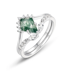 Kite-cut green moss agate ring set with marquise stones in S925 sterling silver