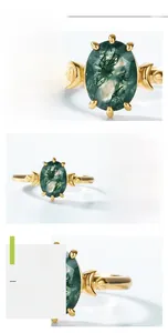 Macro detail of oval green moss agate ring with crescent gold accents in S925 silver