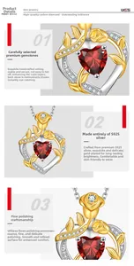 Detail of S925 silver heart necklace with red gemstone and rose flower elements