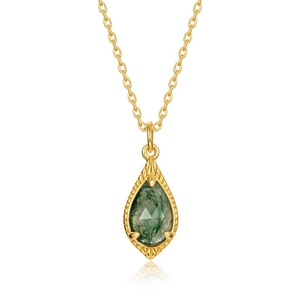 S925 silver gold-plated necklace with water drop moss agate pendant on white background