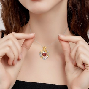 S925 silver heart necklace with red gemstone and golden rose pendant for women