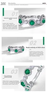 Detail of S925 sterling silver stamp and synthetic emerald settings on a polished band