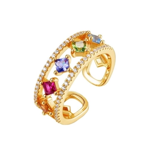Anello aperto dorato a doppio strato con cinque zirconi quadrati colorati e micro-pavé bianco