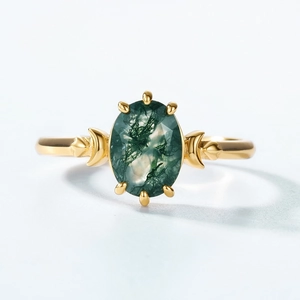Oval moss agate ring in gold plated 925 silver with crescent moon accents