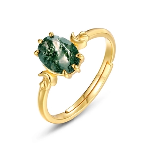Oval moss agate 925 sterling silver gold plated adjustable ring with leaf design