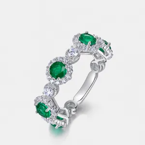 Luxury 925 Sterling Silver Ring Synthetic Emerald Green Round Zirconia Inlaid Retro Fashion Finger Ring Jewelry Gift For Women