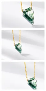 Detailed view of moss agate necklace with S925 silver gold plating and natural textures