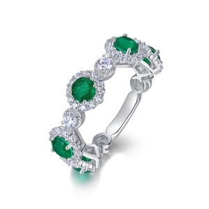 Luxury S925 silver ring with five oval synthetic emeralds and sparkling diamond halo