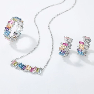 Regenbogen Zirkonia Schmuckset mit Halskette Ring und Ohrringen aus S925 Silber