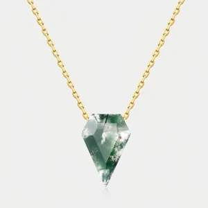 Geometric Natural Moss Agate Pendant Only (Without Chain) 925 Sterling Silver 10K Gold Plated Jewelry For Women Gift