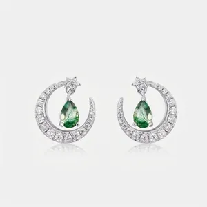 925 Sterling Silver Natural Green Moss Agate Moon Star Stud Earrings For Women Rhinestone Inlaid Elegant Celestial Jewelry