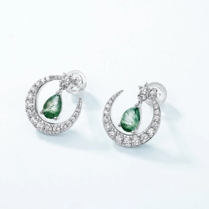 S925 silver crescent moon earrings with green moss agate and cubic zirconia