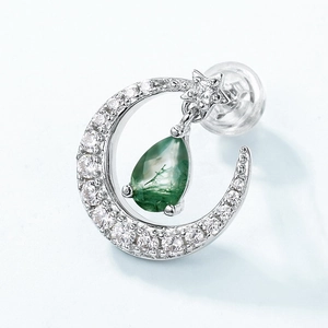 S925 silver moon and star stud earring with teardrop moss agate and pavé crystals