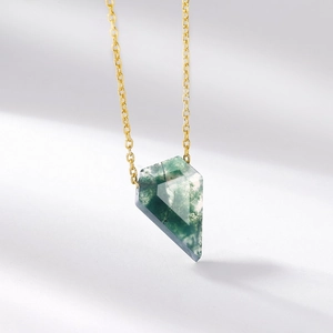 Natural green moss agate necklace in geometric cut S925 sterling silver gold plating