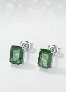 Macro shot of rectangular moss agate studs with S925 silver four-prong setting details