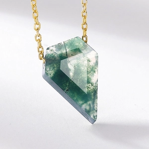 Geometric moss agate pendant necklace in gold finish with natural green textures