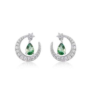S925 silver crescent moon earrings with green moss agate drop and white zircon accents