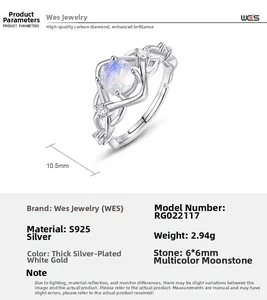 Macro detail of S925 silver moonstone ring showing product specifications and dimensions
