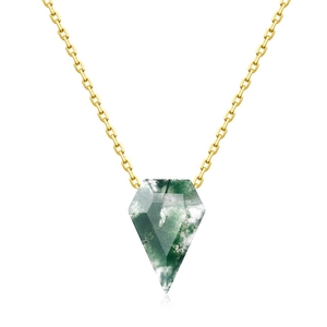 Kite-shaped moss agate pendant necklace in S925 sterling silver with a gold finish