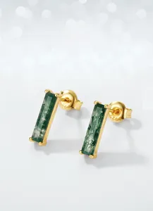Macro detail of natural green moss agate earrings featuring a S925 silver hallmark