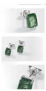 Macro detail of rectangular green moss agate earrings featuring S925 sterling silver studs