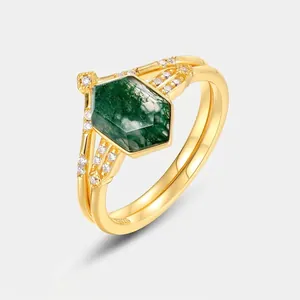 Vintage 925 Sterling Silver Gold Plated Moss Agate Ring Set Hexagon Green Natural Stone Rhinestone Engagement Jewelry For Women
