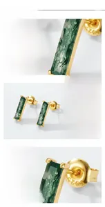 Macro detail of natural green moss agate earrings in gold plated S925 sterling silver