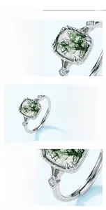 Détail de la bague en argent S925 avec agate mousse verte carrée et petits diamants