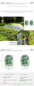 Macro detail of moss agate stud earrings in S925 silver with size and specs chart