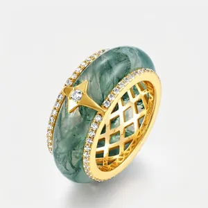 Anello in Argento Sterling 925 con Agata Muschiata Naturale e Zirconia Retrò di Lusso Placcato Oro Geometrico per Donna