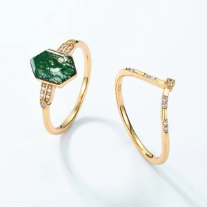Geometric S925 silver gold plated ring set with natural green moss agate stones