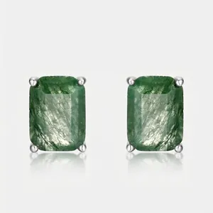 Vintage 925 Sterling Silver Green Moss Agate Stud Earrings For Women Elegant Geometric Rectangular Natural Stone Inlaid Earrings Jewelry Gift