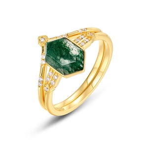Vintage S925 gilded silver ring with hexagonal green moss agate and zircon stones