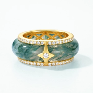 Anello in agata muschiata verde naturale con fascia in argento S925 e cristalli