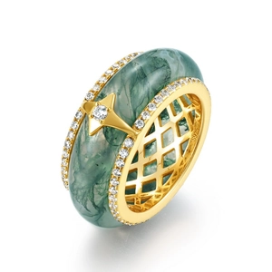 Anello in argento S925 placcato oro con agata muschiata verde e zirconi bianchi
