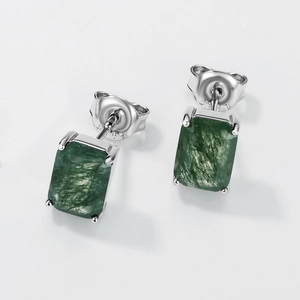 Rectangular moss agate stud earrings in S925 sterling silver minimalist 4-prong setting