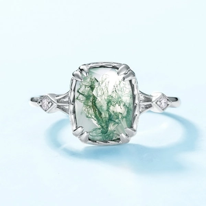 Bague en argent S925 avec agate mousse rectangulaire et bordure torsadée vintage
