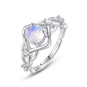 Adjustable S925 silver moonstone ring with blue sheen and twisted rope band design