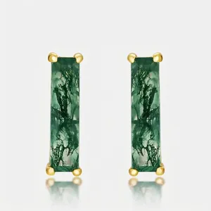 925 Sterling Silver Gold Plated Rectangle Green Moss Agate Stud Earrings Women Elegant Geometric Natural Stone Jewelry Gift