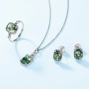 S925 silver jewelry set with green moss agate pendant necklace ring and stud earrings