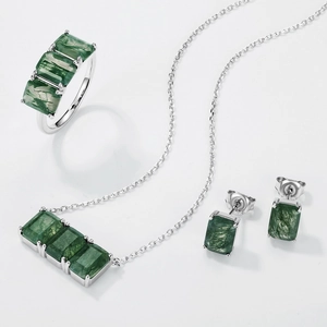 S925 silver jewelry set with square moss agate stones including necklace and earrings