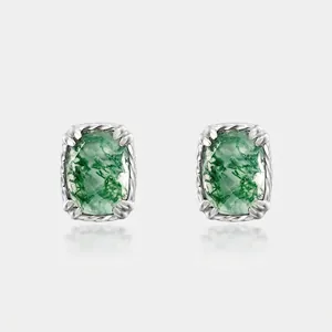 Vintage 925 Sterling Silver Moss Agate Stud Earrings Geometric Square Green Natural Stone Inlaid Jewelry For Women Gift