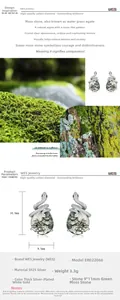 Detailed view of S925 silver snake earring with teardrop green moss agate stone