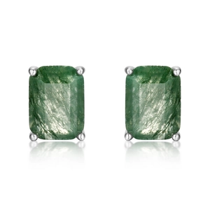 S925 silver stud earrings featuring rectangular natural moss agate with four-prong setting