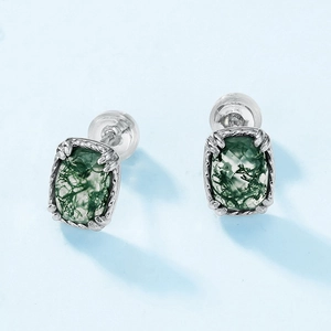 Minimalist S925 silver stud earrings featuring natural green moss agate in rope frame