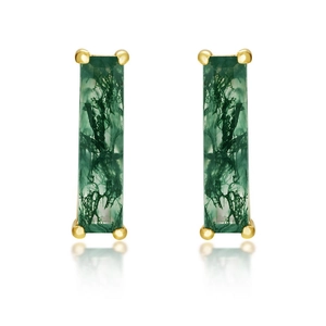 Minimalist long rectangle moss agate earrings with gold 4-prong setting on white background