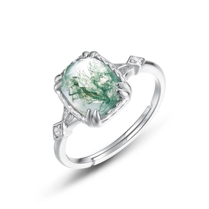 Bague ajustable en argent S925 avec agate mousse carrée et zircons brillants