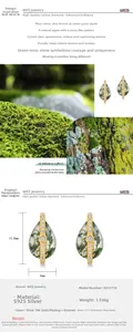 Detail of drop-shaped moss agate earrings in S925 silver with 10K gold plating